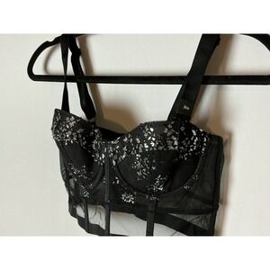 Victorias Secret Very Sexy Lined Balconet Bra 36B Longline Black Lace Silver NWT